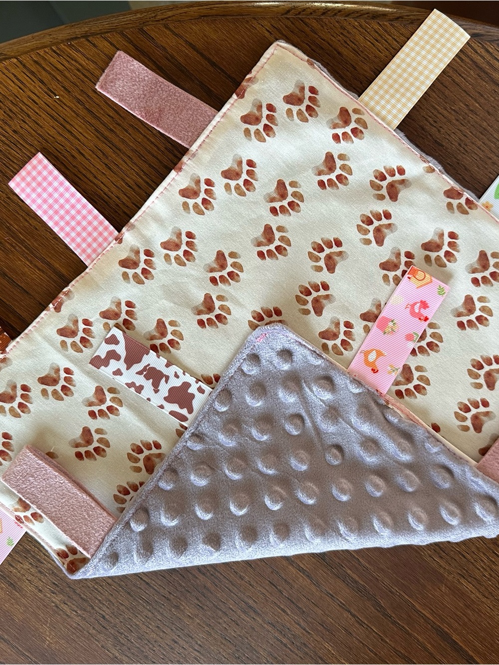 Pink Paw-Print Baby Tag Blanket with Gray Minky Backing